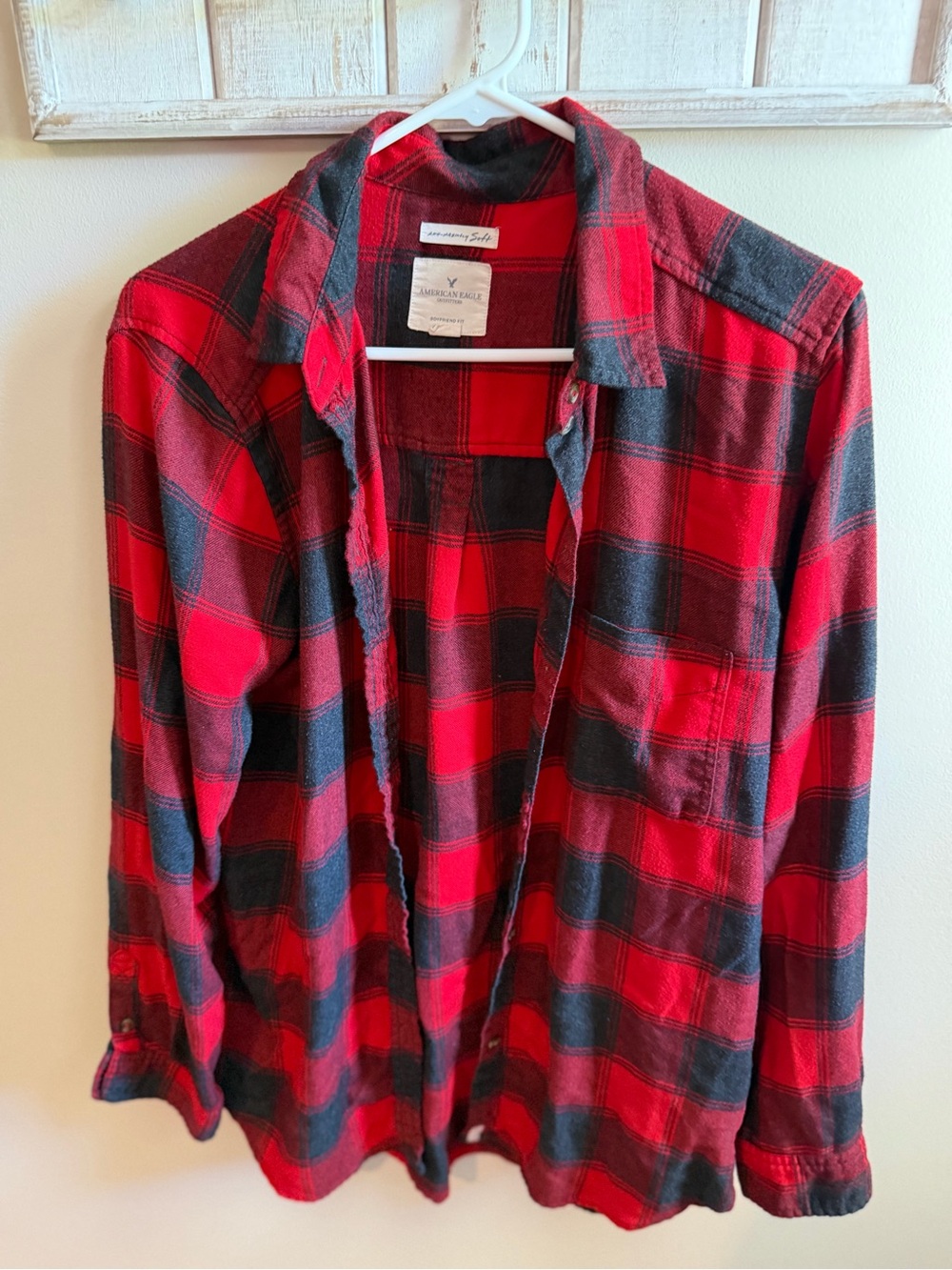 American Eagle Red & Black Plaid Flannel Button-Up Shirt